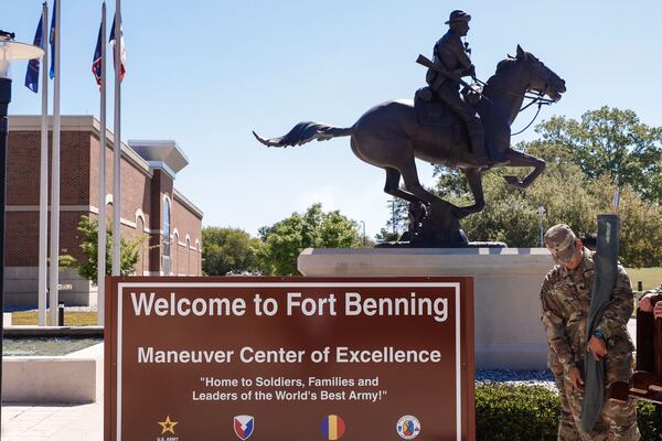 A new Fort Benning sign shown outside of the Maneuver Center of Excellence in 2025 after the Trump administration reverted the military base in Columbus to its original name from Fort Moore. (Natrice Miller/AJC)