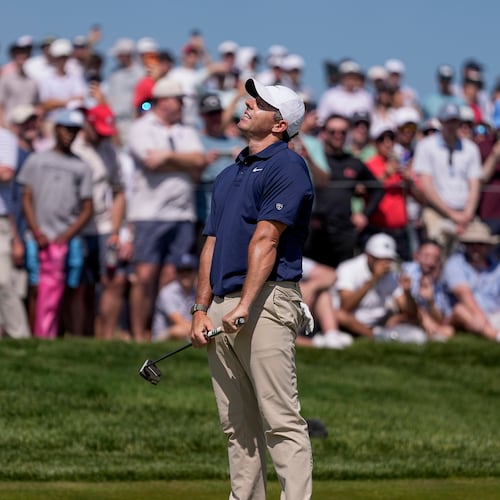 Rory McIlroy, of Northern Ireland, reacts to a missed putt on the seventh green during the final round of the PGA Championship golf tournament at Aronimink Golf Club, Sunday, May 17, 2026, in Newtown Square, PA. (AP Photo/Matt Slocum)
