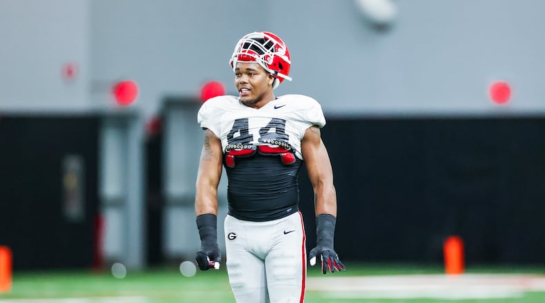 Georgia defensive lineman Travon Walker (44) during the Bulldogs’ practice session in Athens, Ga., on Tuesday, March 30, 2021. (Photo by Tony Walsh)