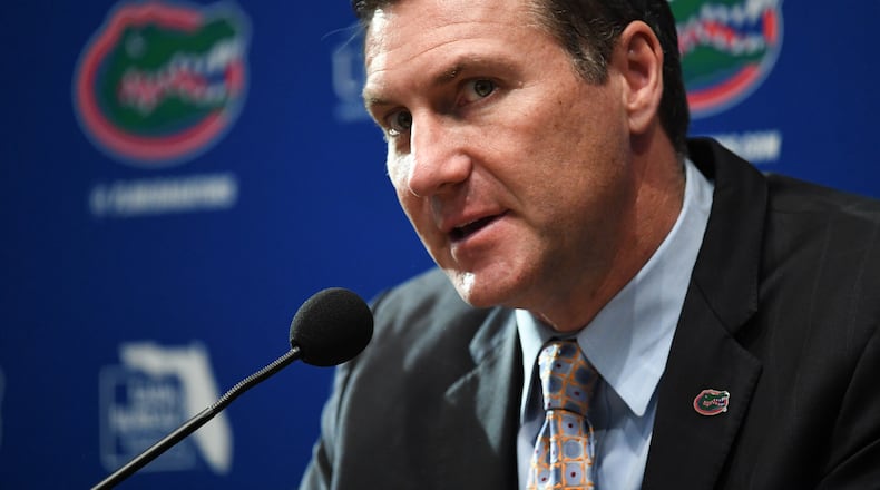 GAINESVILLE, FL - NOVEMBER 27: Florida Gators head football coach Dan Mullen speaks during an introductory press conference at the Bill Heavener football complex on November 27, 2017 in Gainesville, Florida. (Photo by Rob Foldy/Getty Images)