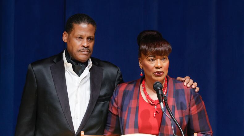 Isaac Newton Farris Jr. (left) embraces the Rev. Bernice King as she speaks about the passing and legacy of his mother, Christine King Farris, at The King Center in Atlanta on Friday, June 30, 2023. (Natrice Miller/ Natrice.miller@ajc.com)