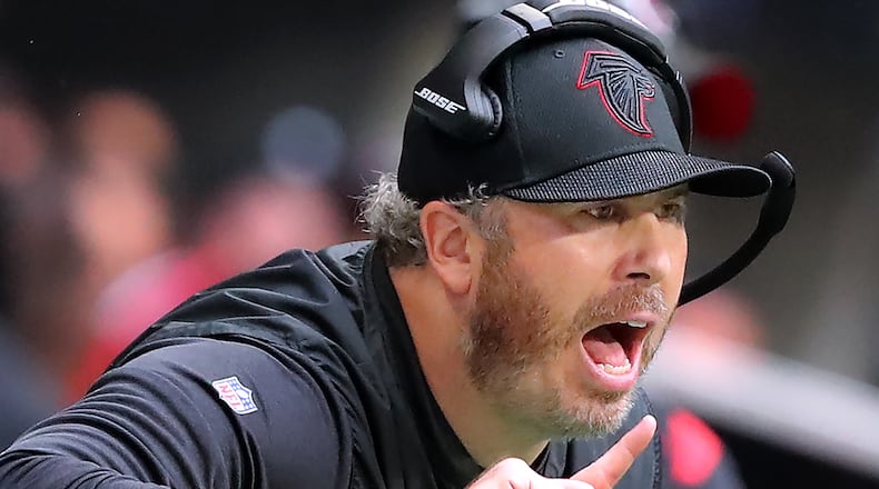 Falcons head coach Arthur Smith reacts to a play from the sidelines during the final minutes of the fourth quarter against the Washington Football Team Sunday, Oct. 3, 2021, at Mercedes-Benz Stadium in Atlanta. (Curtis Compton / Curtis.Compton@ajc.com)