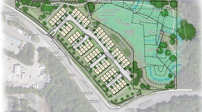 Alpharetta has approved a plan to build 58 ‘For-Sale’ townhomes on 7.35 acres at Hembree Road and Morrison Parkway. (Courtesy City of Alpharetta)