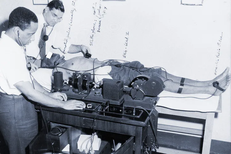 Researchers for the U.S. Public Health Service use an electrocardiogram to check the heart of a participant in the Tuskegee Syphilis Study — most likely in 1932. (Courtesy of National Archives)