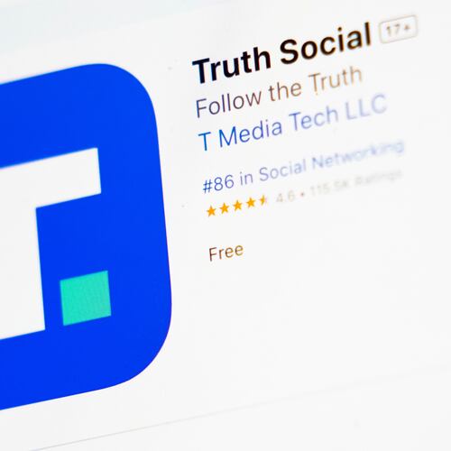 FILE - The download screen for Truth Social app is seen on a laptop computer, March 20, 2024, in New York. (AP Photo/John Minchillo, File)