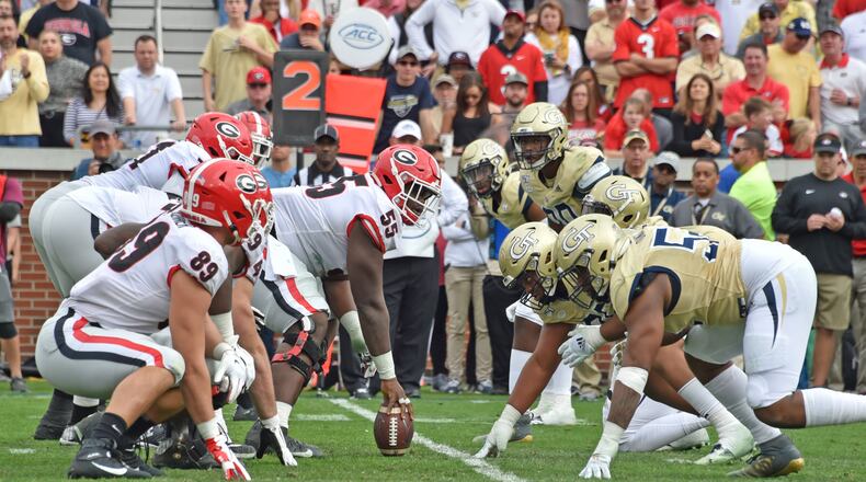 Georgia and Georgia Tech line up during the first half of an NCAA college football game at Bobby Dodd Stadium on Saturday, November 30, 2019. Georgia won 52-7 over the Georgia Tech. (Hyosub Shin / Hyosub.Shin@ajc.com)