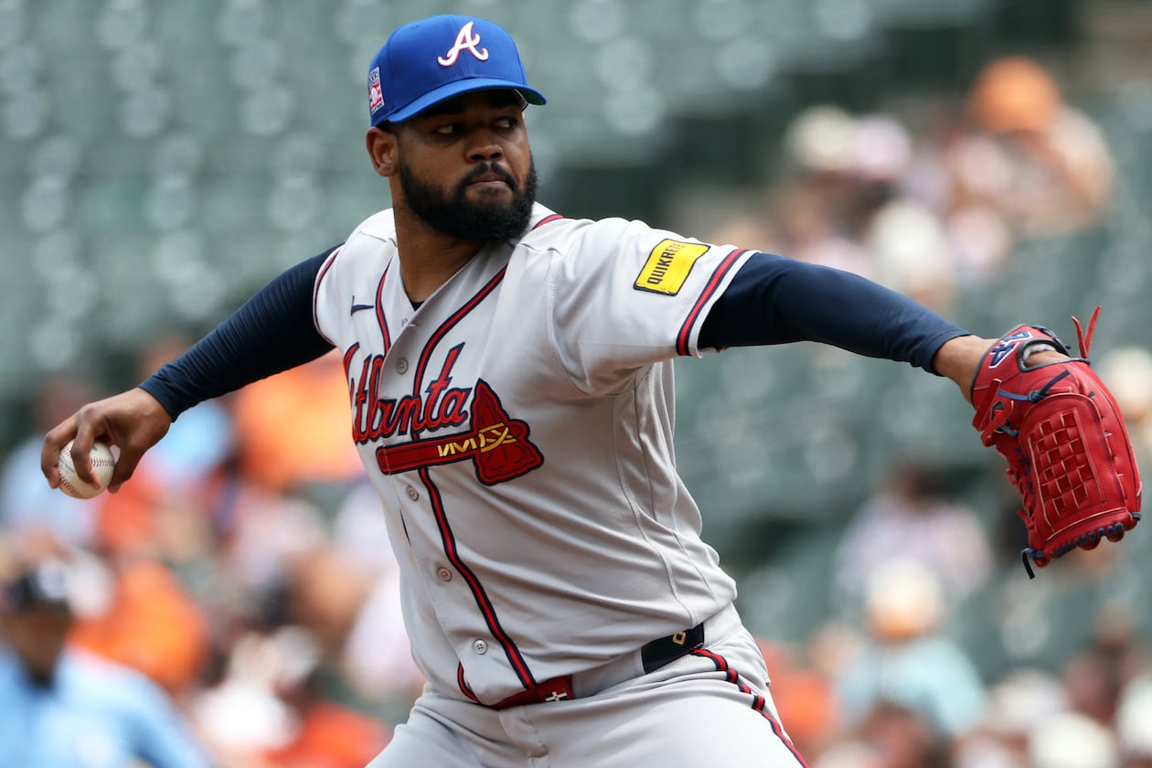 Braves pitcher Reynaldo López throws during the first inning against the Orioles on Sunday, July 26, 2026, in Baltimore. (Daniel Kucin Jr./AP)