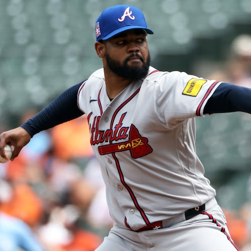 Atlanta Braves pitcher Reynaldo Lopez throws during the first inning of a baseball game against the Baltimore Orioles, Sunday, July 26, 2026, in Baltimore. (AP Photo/Daniel Kucin Jr.)