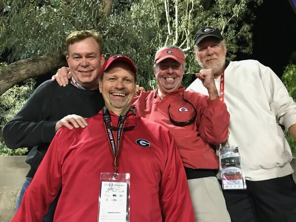 Tony Barnhart (from left) attends the Rose Bowl in 2018 with three of his close buddies from college Carl Brantley, Tom McMillen and Robbie Chester. (Courtesy)