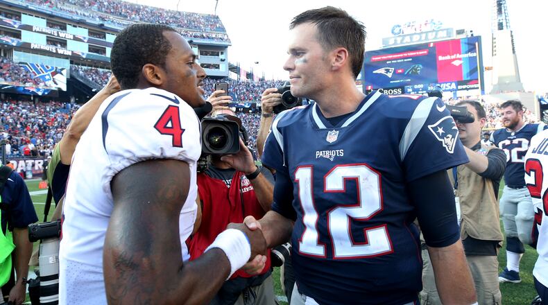 Patriots quarterback Tom Brady shakes hands with Texans quarterback Deshaun Watson after the Patriots defeated the Texans 36-33 at Gillette Stadium last Sunday in Foxboro, Massachusetts.