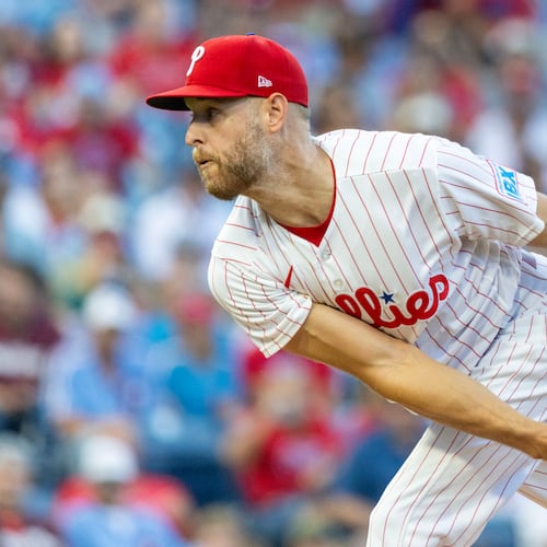Philadelphia Phillies pitcher Zack Wheeler throws in the first inning of a baseball game against the Atlanta Braves, Saturday, Sept. 5, 2026, in Philadelphia. (AP Photo/Laurence Kesterson)