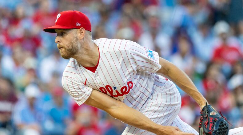 Philadelphia Phillies pitcher Zack Wheeler throws in the first inning of a baseball game against the Atlanta Braves, Saturday, Sept. 5, 2026, in Philadelphia. (AP Photo/Laurence Kesterson)