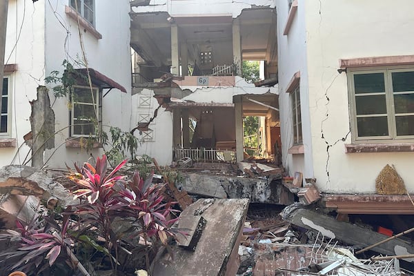 Damaged buildings are seen in the aftermath of Friday's earthquake in Naypyitaw, Myanmar, Wednesday, April 2, 2025. (AP Photo)
