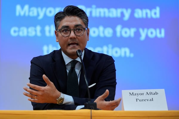 Incumbent Cincinnati Mayor Aftab Pureval participates in candidate forum with Brian Frank hosted by the Cincinnati NAACP, Tuesday, April 15, 2025, in Cincinnati. (AP Photo/Carolyn Kaster)
