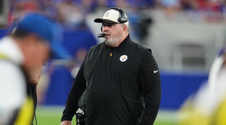 Pittsburgh Steelers head coach Mike McCarthy stands on the field in the first half of a preseason NFL football game against the Buffalo Bills in Orchard Park, NY., Thursday, Aug. 27, 2026. (AP Photo/Gene J. Puskar)