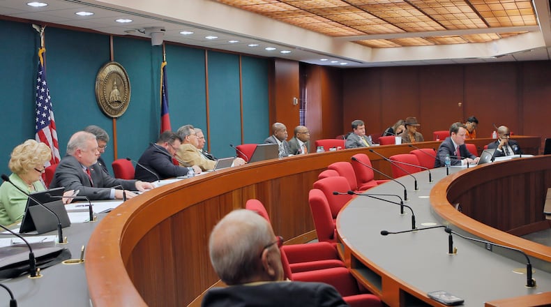 Feb. 20, 2017 - Atlanta - University System of Georgia Chancellor Steve Wrigley, standing at far right, testifies to the House Public Safety Committee on Monday, Feb. 20, 2017.  BOB ANDRES  /BANDRES@AJC.COM