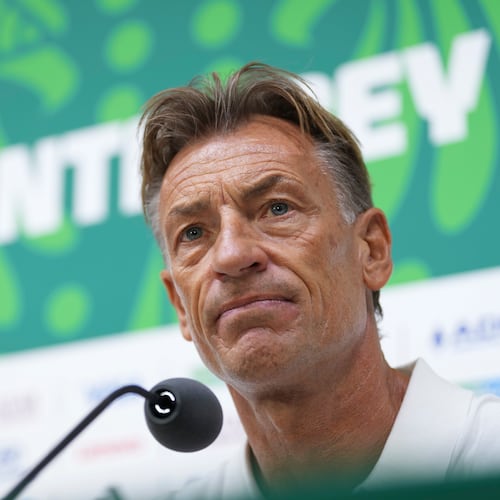 Tunisia's coach Herve Renard gives a press conference ahead of his World Cup Group F soccer match against Japan in Guadalupe, near Monterrey, Mexico, Friday, June 19, 2026.(AP Photo/Matias Delacroix)