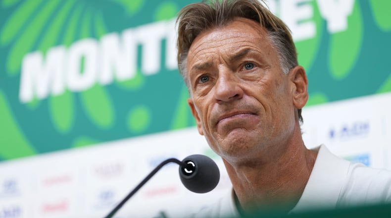 Tunisia's coach Herve Renard gives a press conference ahead of his World Cup Group F soccer match against Japan in Guadalupe, near Monterrey, Mexico, Friday, June 19, 2026.(AP Photo/Matias Delacroix)