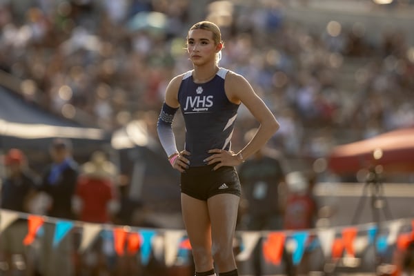 AB Hernandez, a transgender student at Jurupa Valley High School, is seen while competing in the high jump at the California high school track-and-field championships in Clovis, Calif., Saturday, May 31, 2025(Stephen Lam/San Francisco Chronicle via AP)