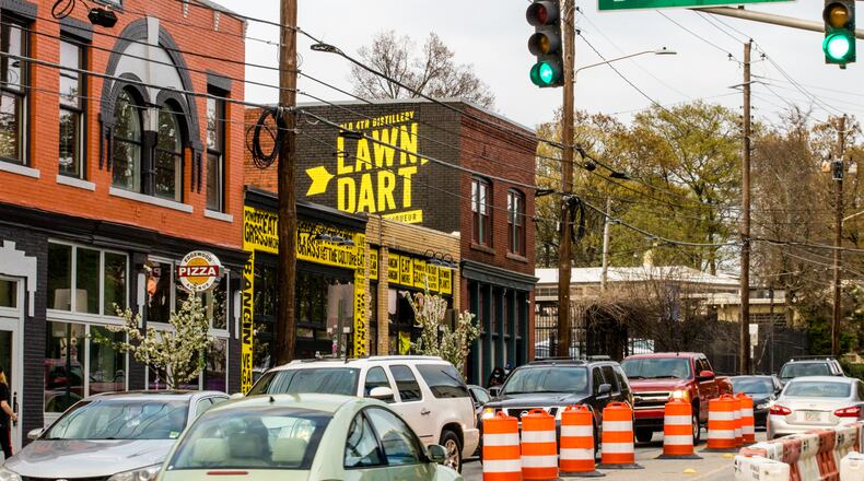 The corner of Edgewood Avenue and Boulevard earlier this year. The city has installed barriers to prevent street racing on Edgewood. (Jenni Girtman for The Atlanta Journal-Constitution)