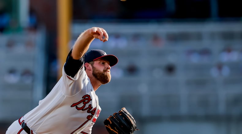 Atlanta Braves pitcher Bryce Elder delivers to a San Francisco Giants batter during the first inning of a baseball game, Monday, Aug. 31, 2026, in Atlanta. (Erik S. Lesser/AP)