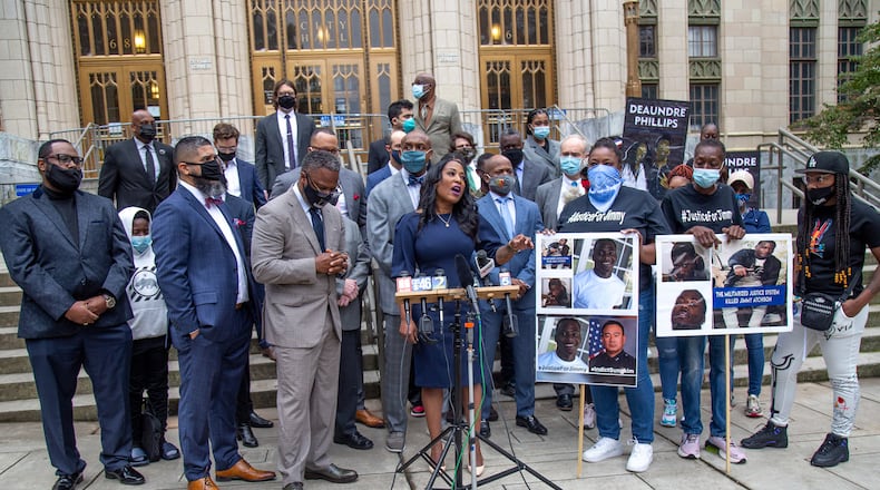 Attorney Tanya Miller talks at a press conference with other lawyers who are currently suing the city of Atlanta on behalf of police brutality victims. STEVE SCHAEFER / SPECIAL TO THE AJC