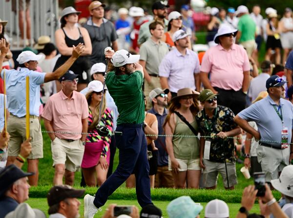 Mark Hensby tees off on the 14th hole during the third round of the 45th U.S. Senior Open Championship at The Broadmoor Saturday, June 28, 2025, in Colorado Springs, Colo. (Andy Cross/The Denver Post via AP)