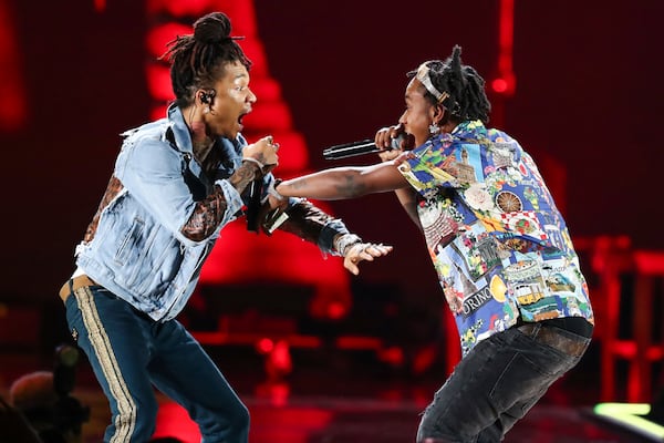 Swae Lee, left, and Slim Jxmmi of the group Rae Sremmurd perform at the 2018 iHeartRadio Music Festival Day 1 held at T-Mobile Arena on Friday, Sept. 21, 2018, in Las Vegas. (Photo by John Salangsang/Invision/AP)