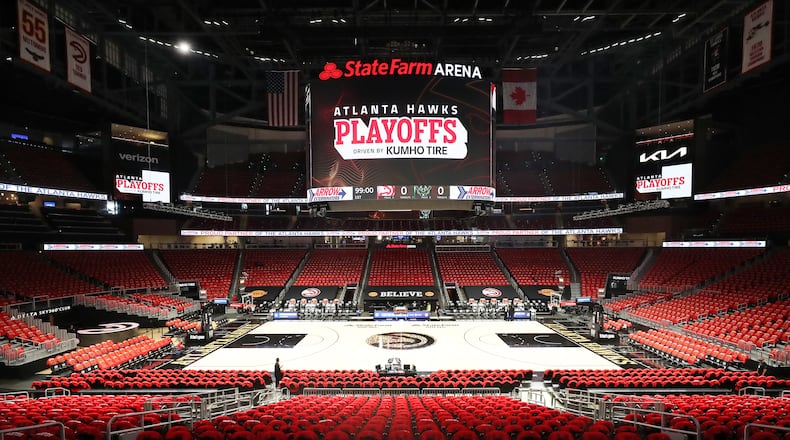 070321 Atlanta: State Farm Arena is set for the Atlanta Hawks to play the Milwaukee Bucks in game 6 of the NBA Eastern Conference Finals on Saturday, July 3, 2021, in Atlanta.   “Curtis Compton / Curtis.Compton@ajc.com”