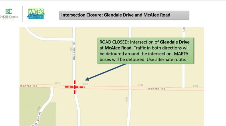 Glendale Drive at McAfee Road will be closed for five days according to DeKalb County authorities. CONTRIBUTED