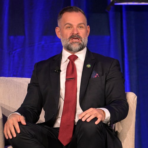 FILE - Rep. Cory Mills, R-Fla., participates in a discussion about Israel at the Republican Party of Florida Freedom Summit, Nov. 4, 2023, in Kissimmee, Fla. (AP Photo/Phelan M. Ebenhack, File)