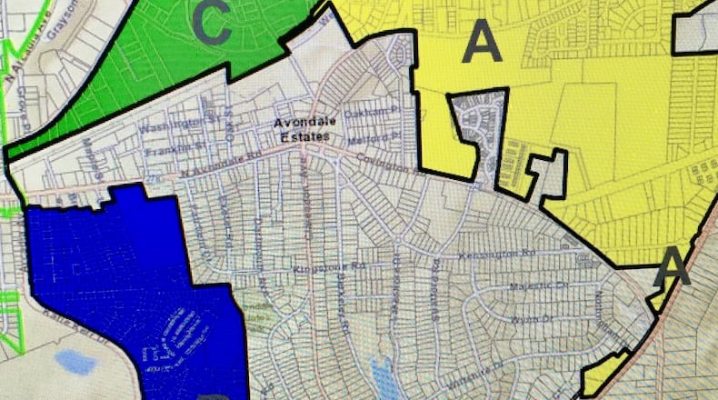 Avondale Estates recently produced this new annexation study map that is roughly twice as large as its last study map in Jan. 2017. The annexation study areas are A, B and C, with current city limits inside the black borders. The expanded areas are essentialy C, which stretches up Clarendon Ave to the Steel LLC plant in Scottdale, and A which surrounds the Rockbridge Road sector. City Manager Patrick Bryant said recently that Avondale will likely spend most of 2019 studying and discussing annexation scenarios. Courtesy of Avondale Estates