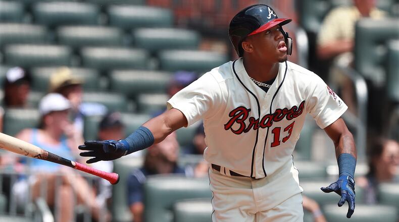 Atlanta Braves Ronald Acuna Jr. hits a leadoff solo homer against the Miami Marlins for a 1-0 lead during the first inning in a MLB baseball game on Monday, August 13, 2018, in Atlanta. Curtis Compton/ccompton@ajc.com