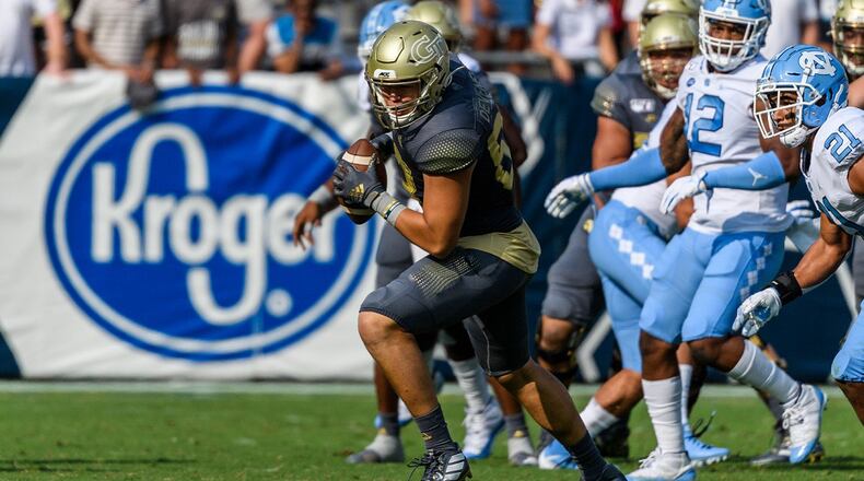 Georgia Tech tight end Dylan Deveney catches a pass and turns up field against North Carolina on Oct. 5, 2019 at Bobby Dodd Stadium. (Photo by Danny Karnik/Georgia Tech Athletics)