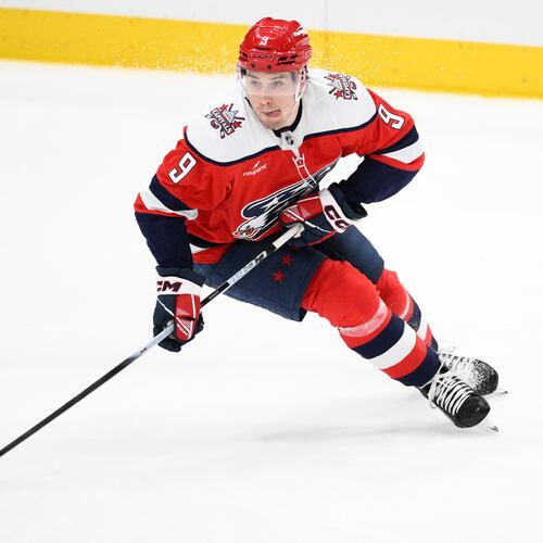 FILE - Washington Capitals right wing Ryan Leonard (9) in action during the third period of an NHL hockey game against the Utah Mammoth, March 3, 2026, in Washington. (AP Photo/Nick Wass, File)