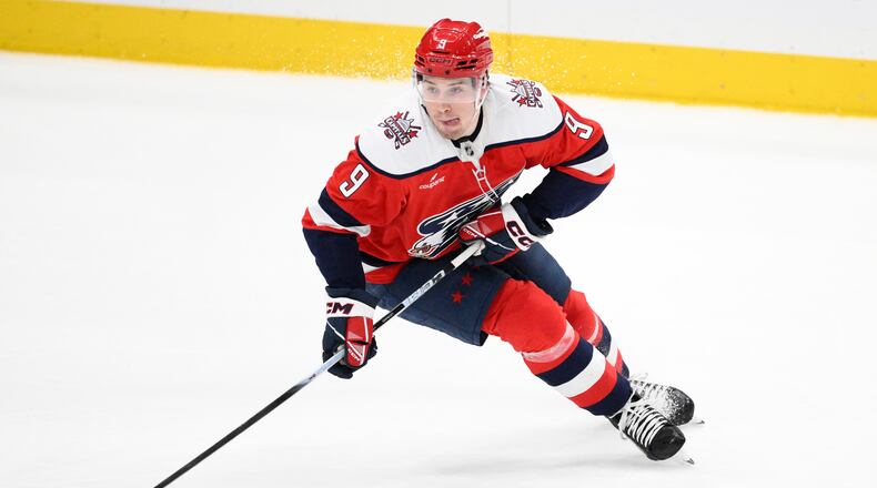 FILE - Washington Capitals right wing Ryan Leonard (9) in action during the third period of an NHL hockey game against the Utah Mammoth, March 3, 2026, in Washington. (AP Photo/Nick Wass, File)