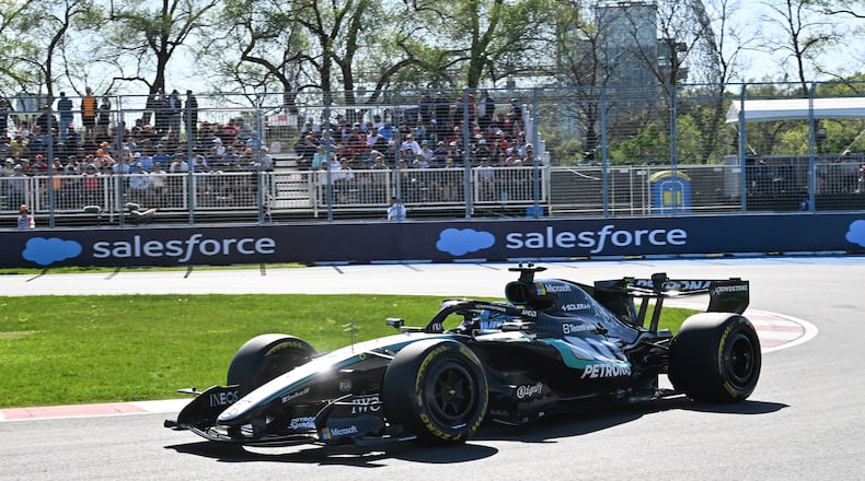 Mercedes driver George Russell of Britain drives during the qualifying session for the sprint race at the F1 Canadian Grand Prix auto race in Montreal, Friday, May 22, 2026. (Jacques Boissinot/The Canadian Press via AP)