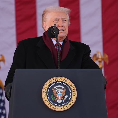 President Donald Trump speaks during an event to mark Veterans Day at Arlington National Cemetery, Tuesday, Nov. 11, 2025, in Arlington, Va. (AP Photo/Evan Vucci)