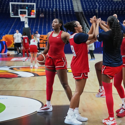 United States women's basketball team practices during a training session ahead of the match between China and United States during the Women's Basketball World Cup in Berlin, Germany, Wednesday, Sept. 2, 2026. (AP Photo/Ebrahim Noroozi)