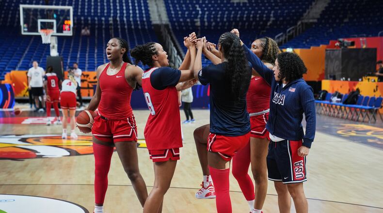 United States women's basketball team practices during a training session ahead of the match between China and United States during the Women's Basketball World Cup in Berlin, Germany, Wednesday, Sept. 2, 2026. (AP Photo/Ebrahim Noroozi)