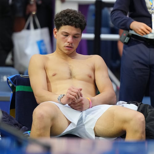 Ben Shelton, of the United States, reacts after he lost the men's singles final of the U.S. Open tennis championships against Alexander Zverev, of Germany, Sunday, Sept. 13, 2026, in New York. (AP Photo/Kirsty Wigglesworth)