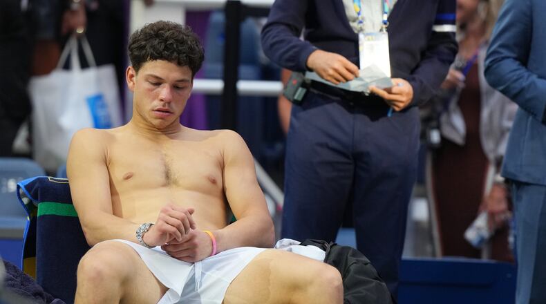 Ben Shelton, of the United States, reacts after he lost the men's singles final of the U.S. Open tennis championships against Alexander Zverev, of Germany, Sunday, Sept. 13, 2026, in New York. (AP Photo/Kirsty Wigglesworth)