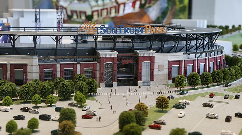 May 27, 2015 - Cobb County - A scale model of the stadium at the Braves Preview Center. The Atlanta Braves began selling season tickets to SunTrust Park Wednesday, opening a high-tech preview center near the ballpark that allows fans to see fly-though videos and experience amenities that will be featured inside the new stadium when it opens in 2017.The team will offer a wide variety of seating options and price points.BOB ANDRES / BANDRES@AJC.COM