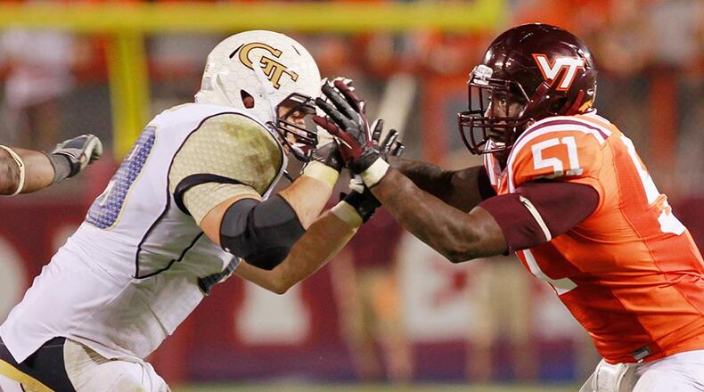 Chase Roberts (left) played in eight games and started three at right tackle last season for the Yellow Jackets.