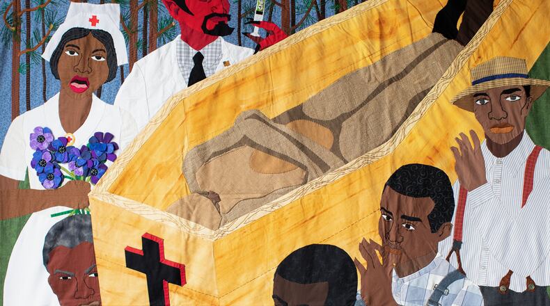 "Bad Blood" is one of the searing and difficult images in the racial justice quilts of Atlanta textile artist Dawn Williams Boyd. Boyd's show "Cloth Paintings," is now on view virtually at the Fort Gansevoort Gallery in New York City. Boyd believes its the role of the artist to comment on and reflect on past injustices.