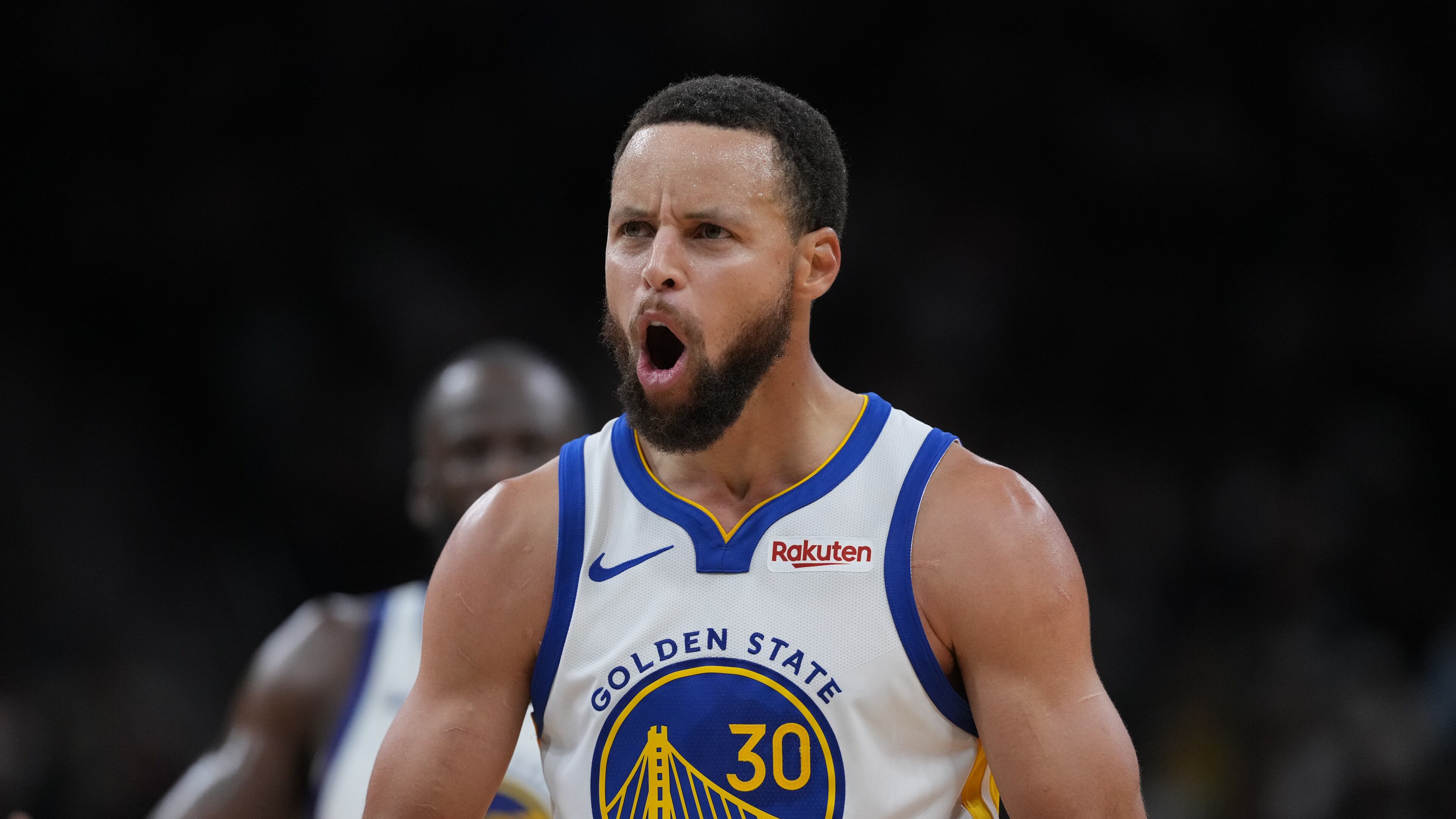 Golden State Warriors guard Stephen Curry (30) reacts after scoring against the San Antonio Spurs during the second half of an NBA basketball game in San Antonio, Wednesday, Nov. 12, 2025. (AP Photo/Eric Gay)