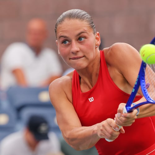 Marta Kostyuk, of Ukraine, returns the ball to Storm Hunter, of Australia, during the first round of the U.S. Open tennis championships, Sunday, Aug. 30, 2026, in New York. (AP Photo/Andres Kudacki)