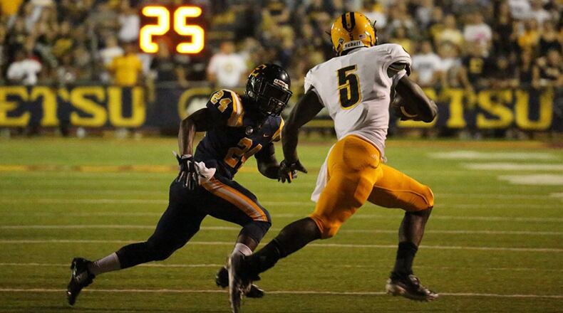 ETSU's Alonzo Francois chases down Kennesaw State's Prentice Stone.