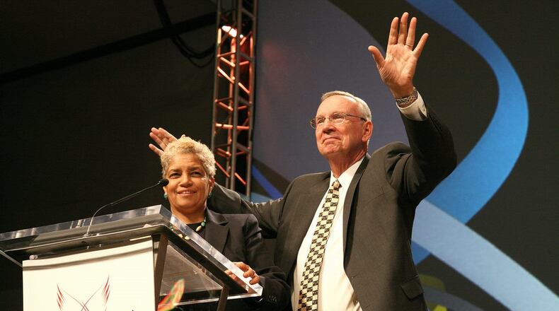 Former ACVB President and CEO Spurgeon Richardson, seen here with former Atlanta Mayor Shirley Franklin, shepherded the city’s tourism through many great moments, including the 1996 Summer Olympics and the opening of the Georgia Aquarium, the world’s biggest fish tank.