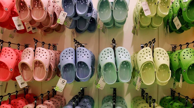 Rows of hanging Crocs in the first UK Crocs store on October 18, 2007 in London England. (Photo by Cate Gillon/Getty Images)